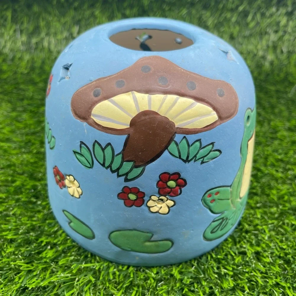 Vintage Hand-painted Ceramic Votive Candle Cover, Frog/Mushroom, EUC - Picture 4 of 11